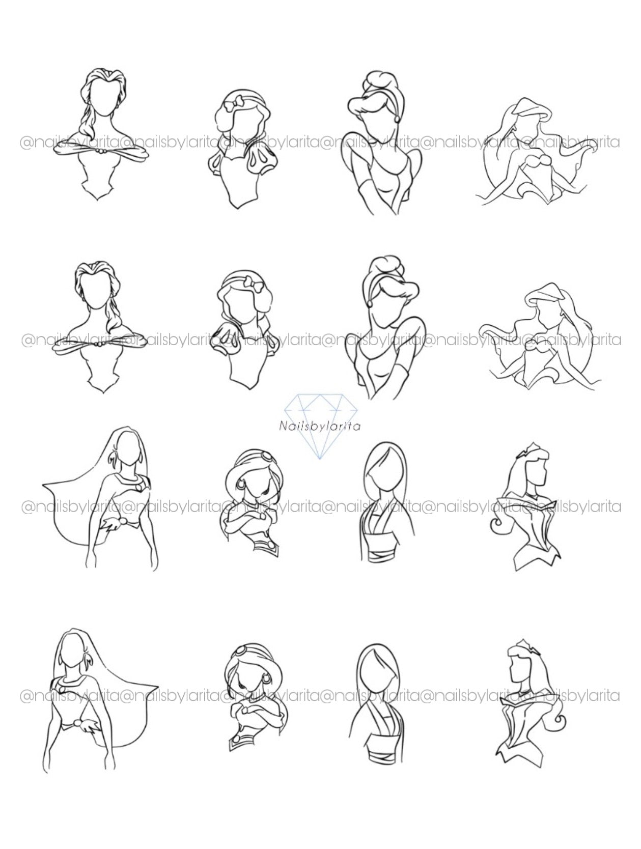 Plantilla Nail Art Princesas Minimalistas
