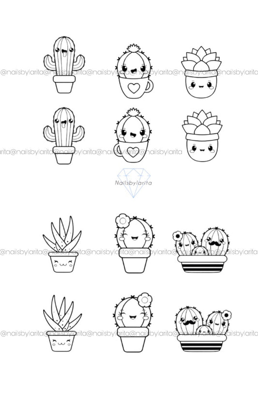 Plantilla Nail Art Kawaii Cactus